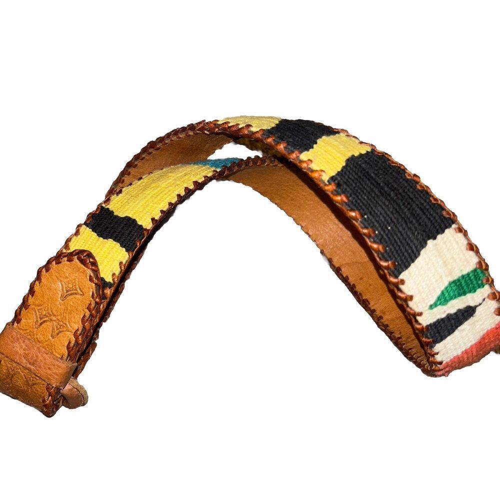 Vintage 30" Southwestern Tooled Woven Blanket Leather Belt Handmade Colorful